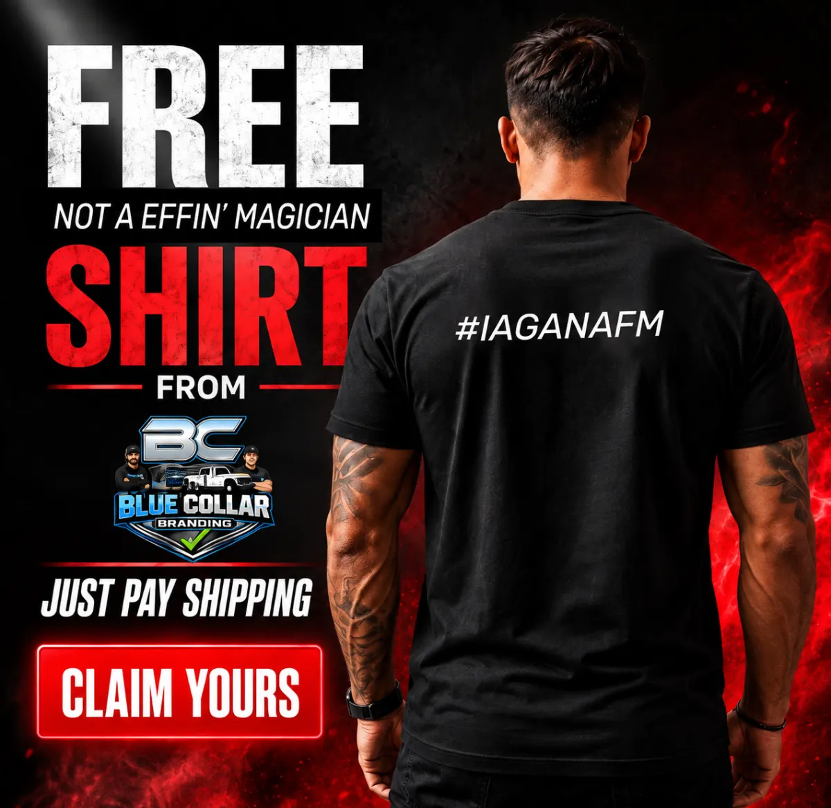 Man wearing the free black Not An Effin’ Magician launch shirt